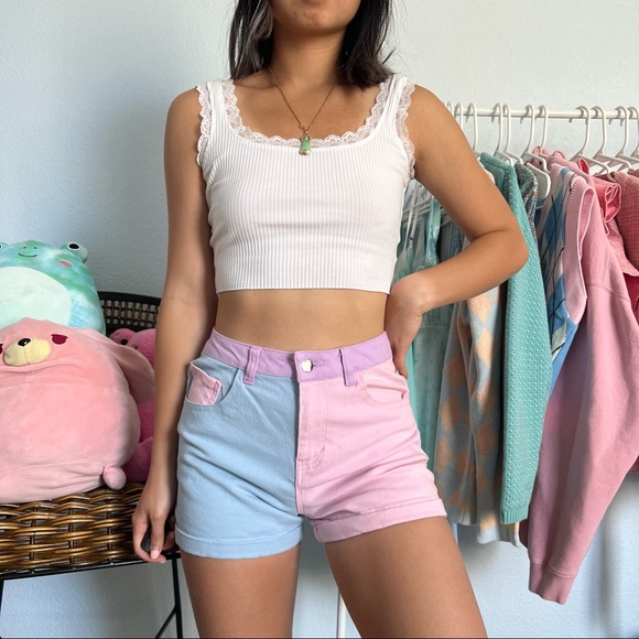 Care Bears x Dolls Kill colorblock denim shorts - Picture 3 of 4